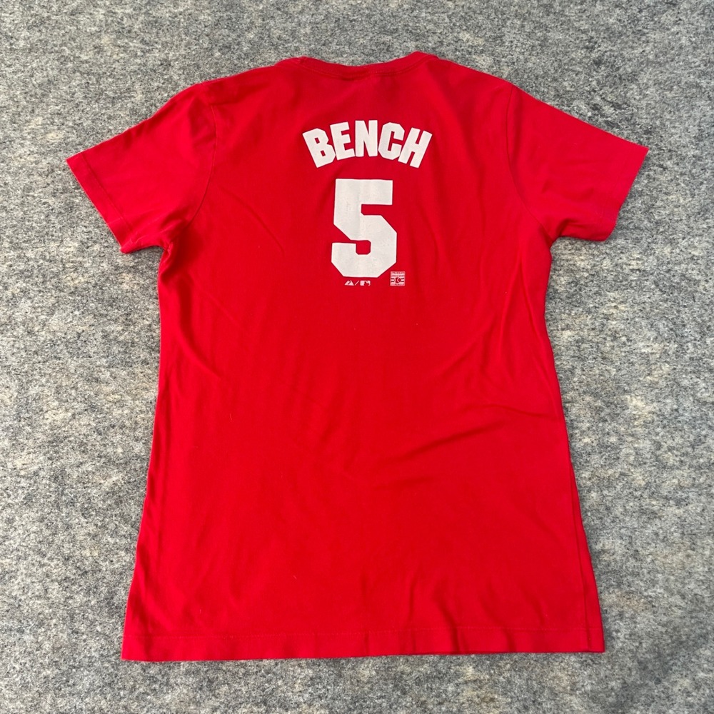 Majestic Johnny Bench Cincinnati Reds #5 Graphic T-Shirt Red Women's Medium